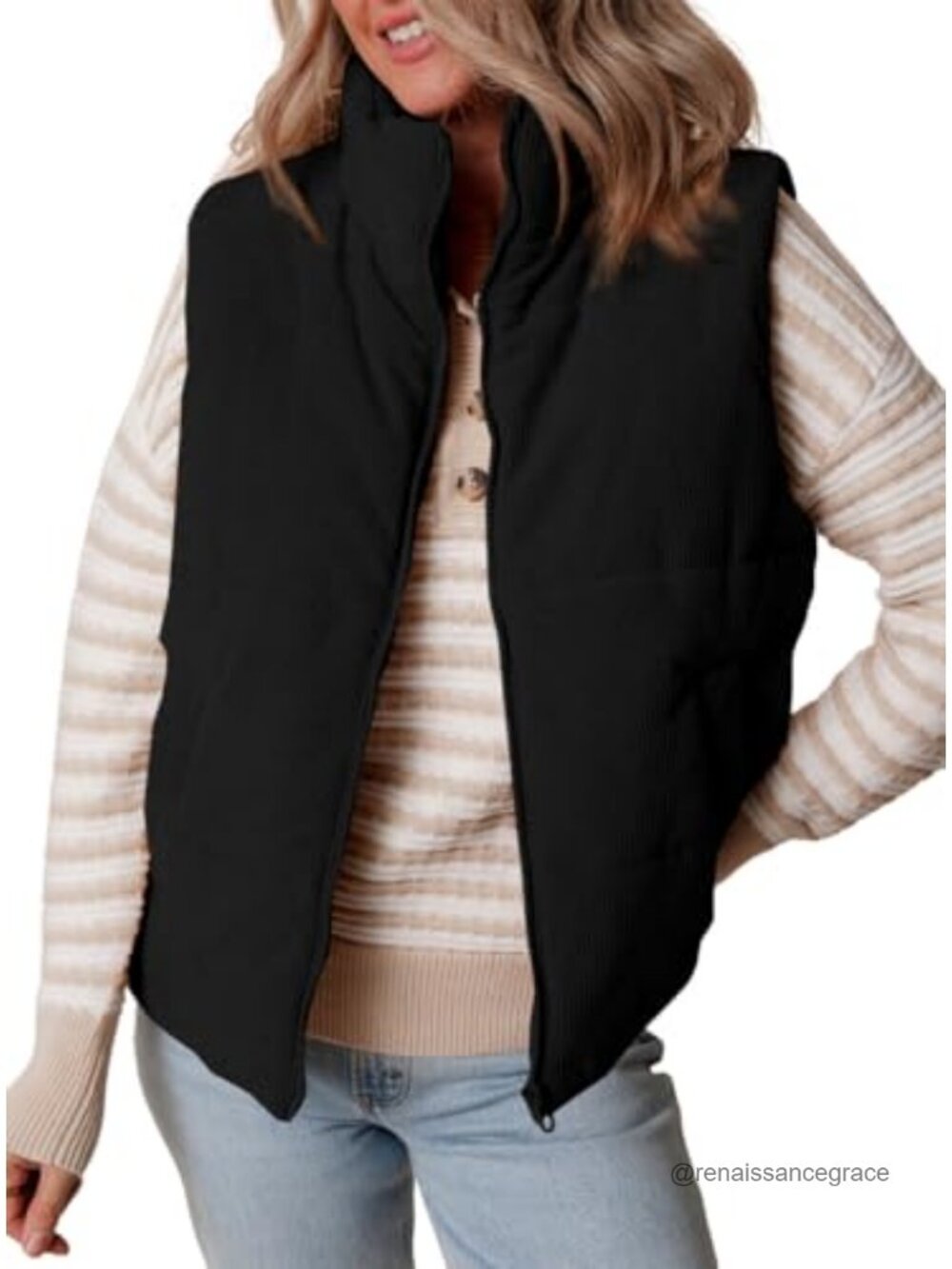 Corduroy Puffer Vest Quilted Sleeveless Zip-Up Jacket for Fall Winter